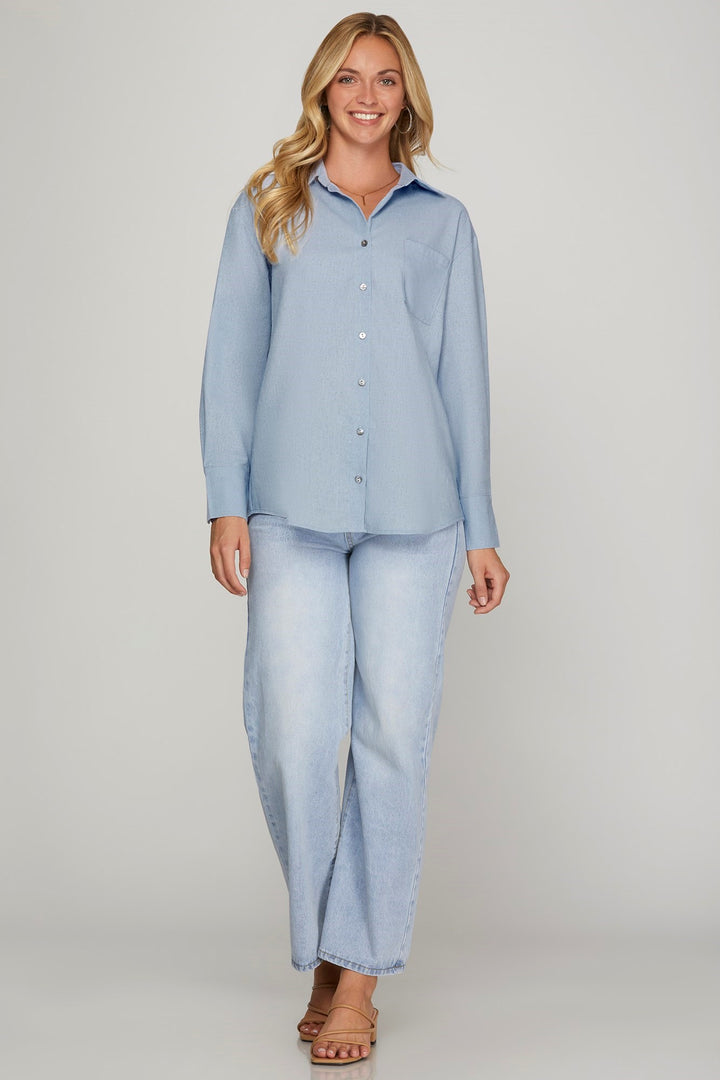 My Moment Long Sleeve Button Down Top in Blue