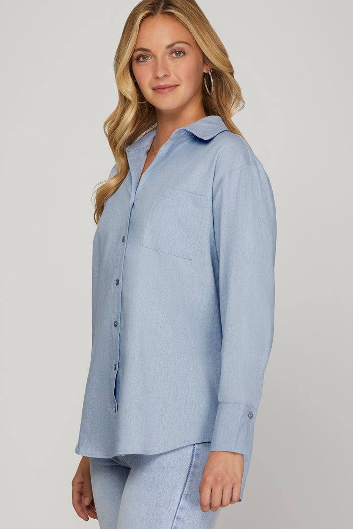 My Moment Long Sleeve Button Down Top in Blue