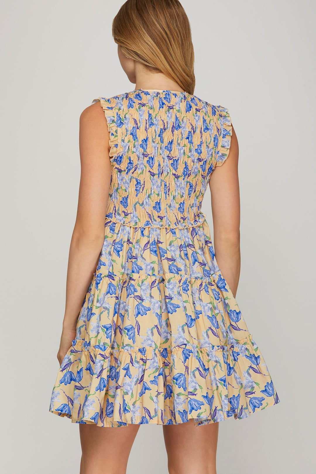 Ruffle Sleeve Blue Floral Printed Dress