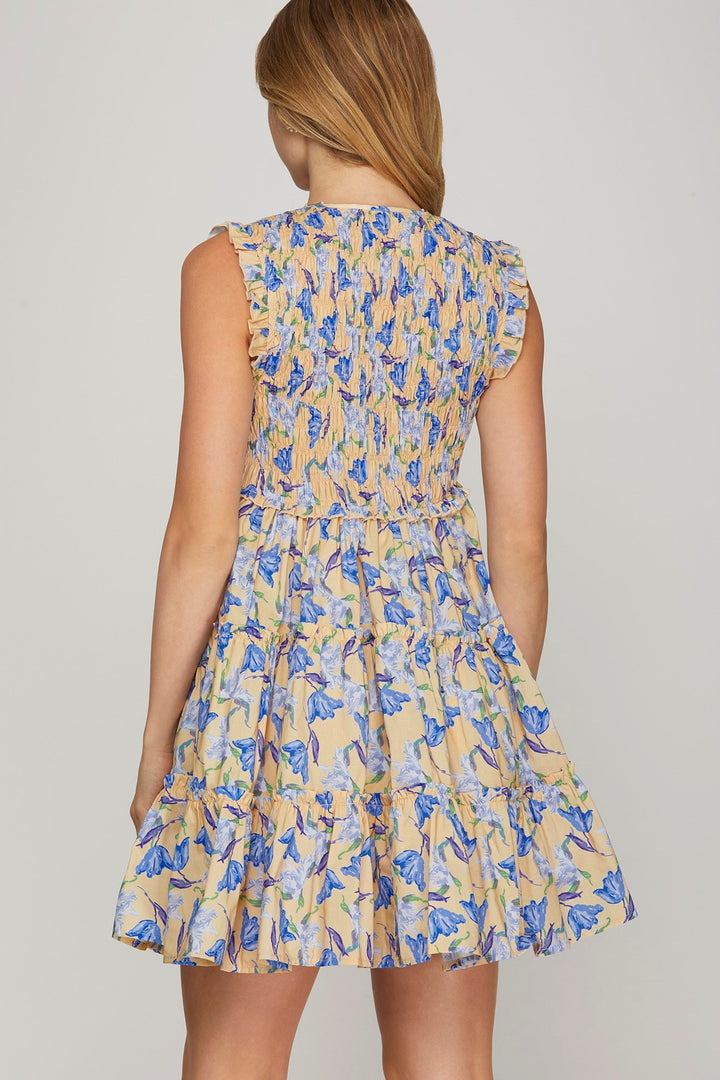 Ruffle Sleeve Blue Floral Printed Dress
