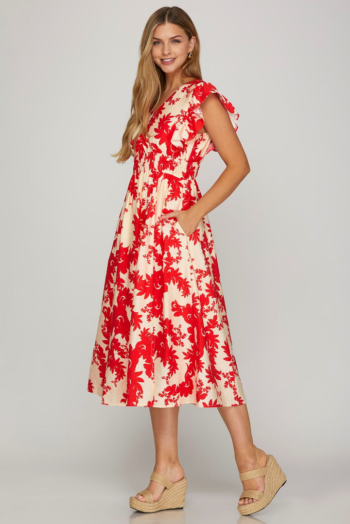 My Only Muse Red Floral Printed Cream Midi Dress
