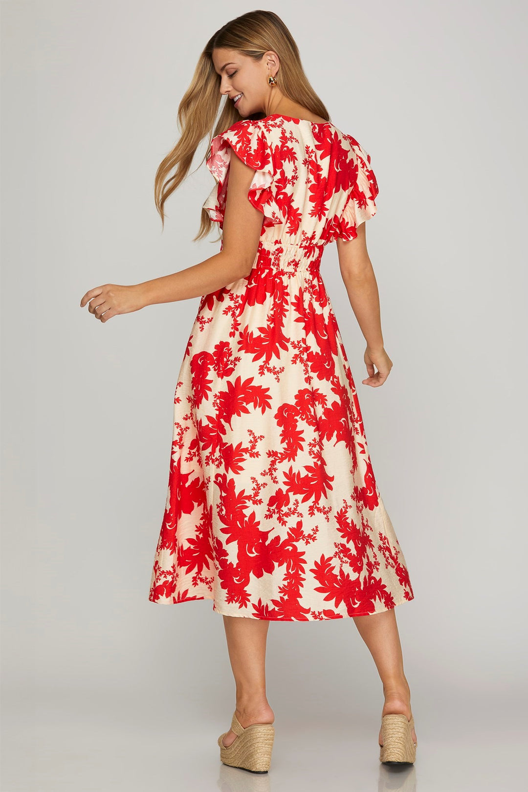 My Only Muse Red Floral Printed Cream Midi Dress