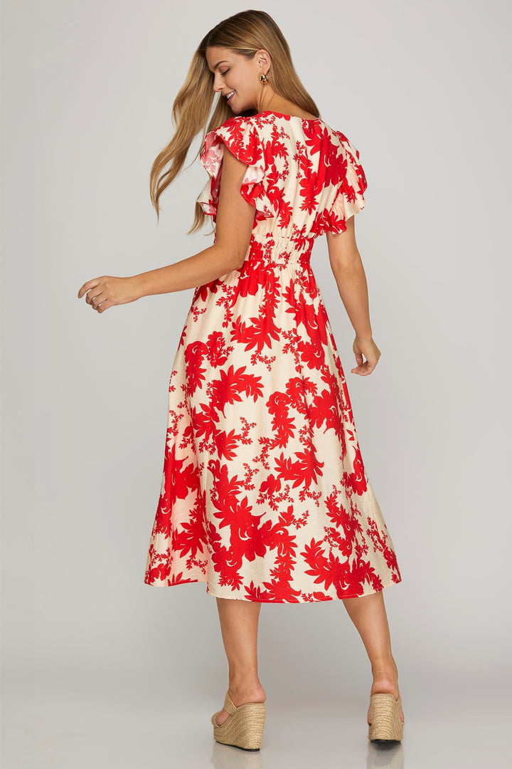My Only Muse Red Floral Printed Cream Midi Dress