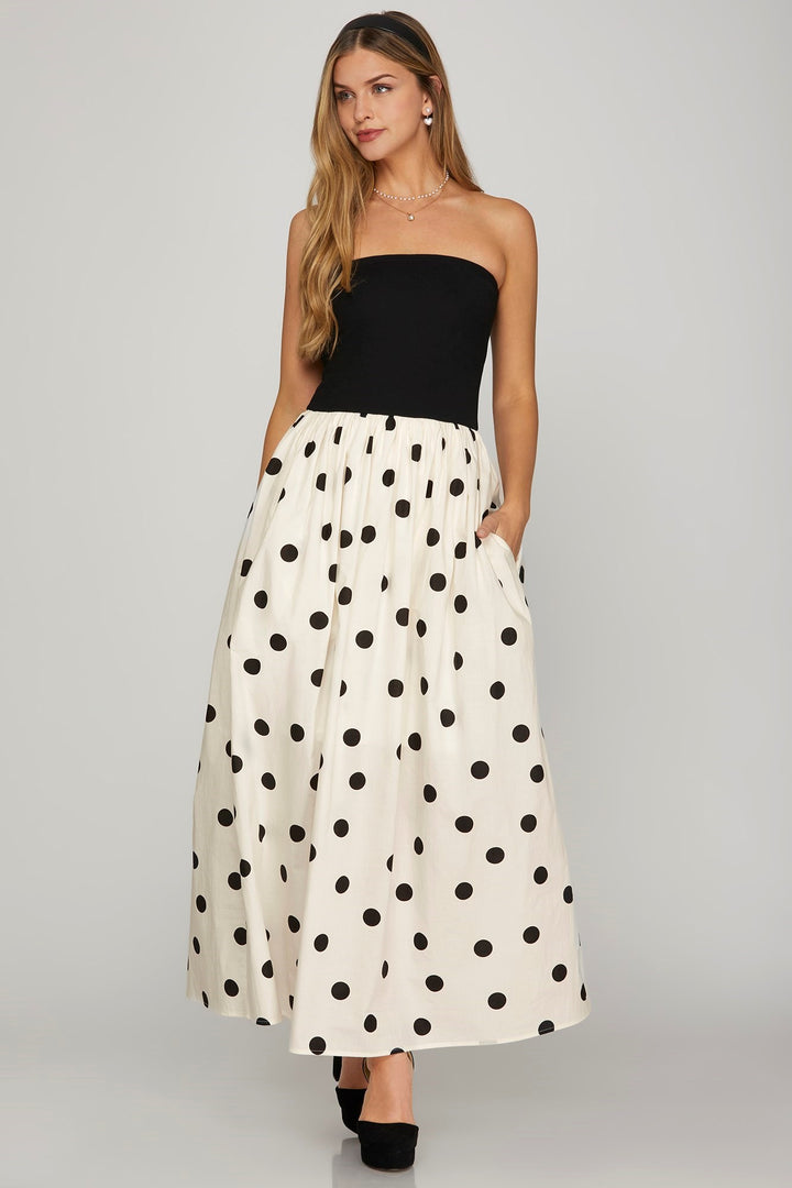 Moving Slowly Polka Dot Printed Strapless Midi Dress