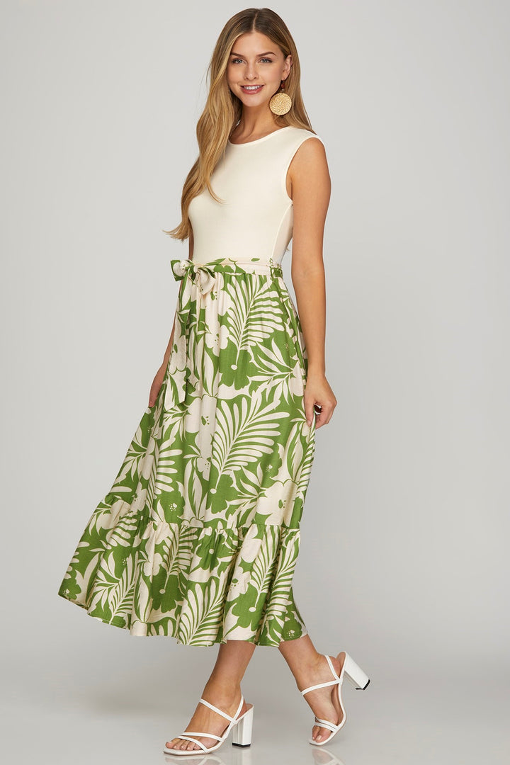 Tropical Getaway Green Floral Printed Midi Dress