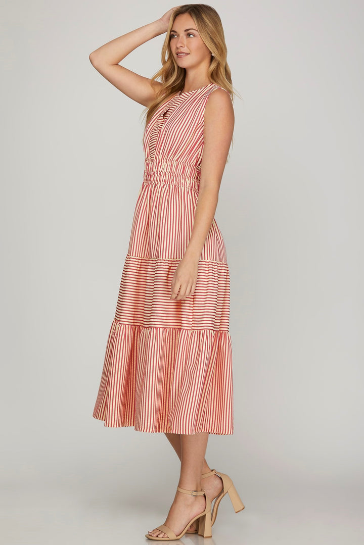 Whatever Comes Red Stripe Printed Midi Dress