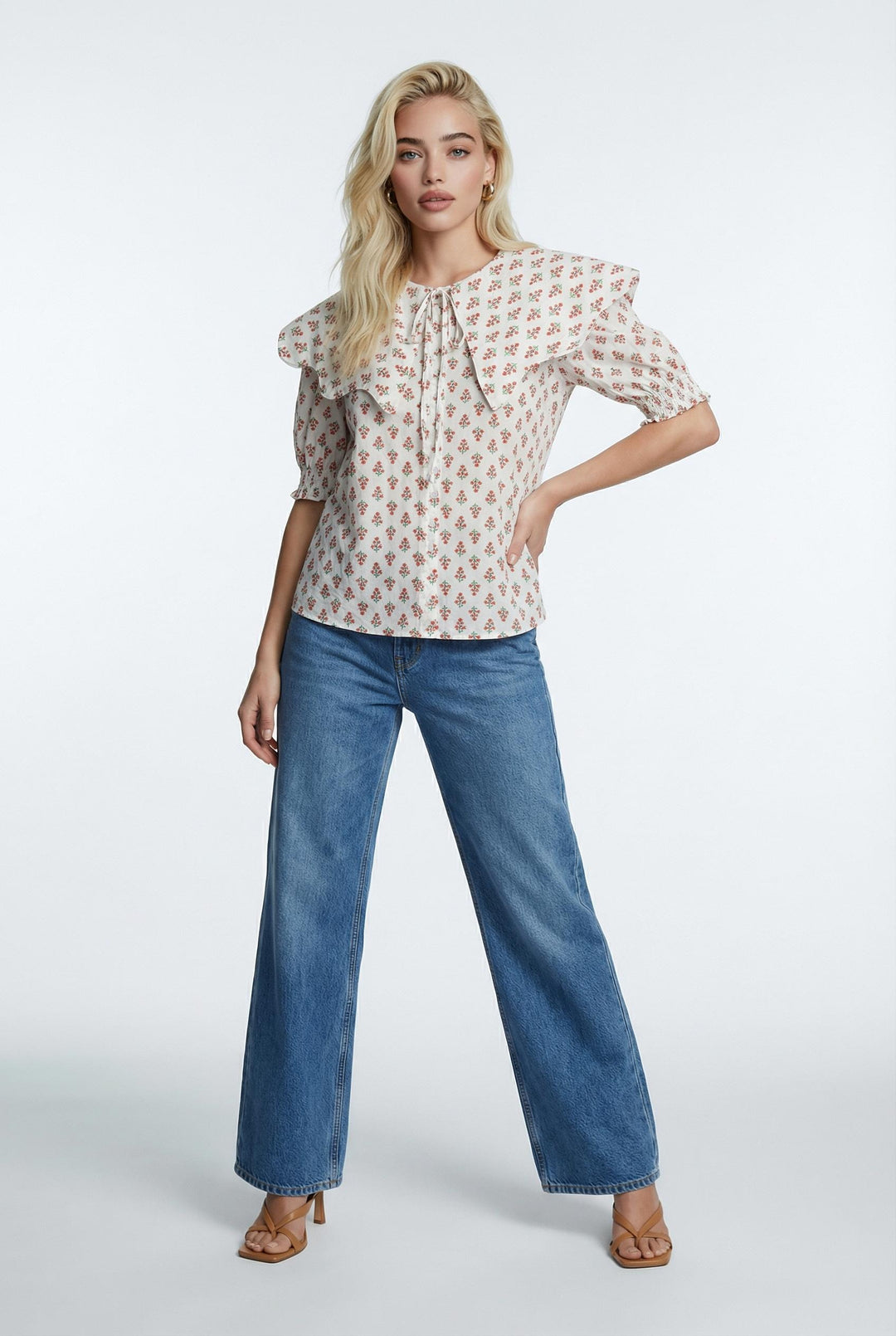 Ivory Floral Collar Button Top