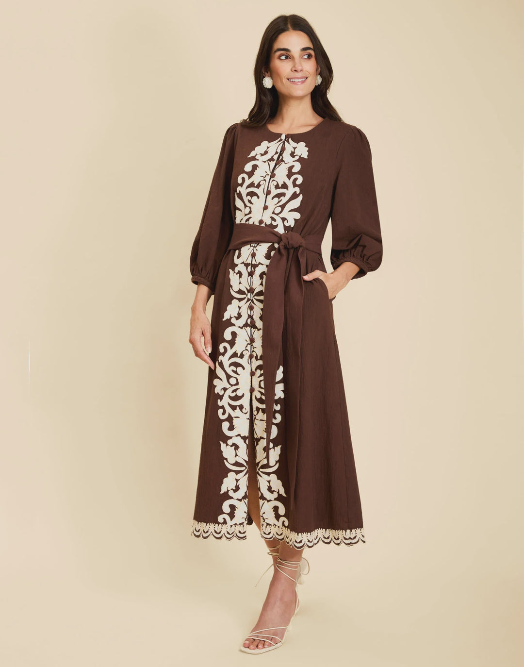 Mestiza Suzanna Barong Midi Dress in Cioccolato Flourish