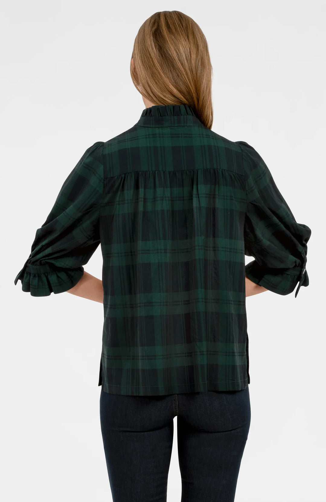 Gretchen Scott Ruffleneck Tunic in Blackwatch Plaid