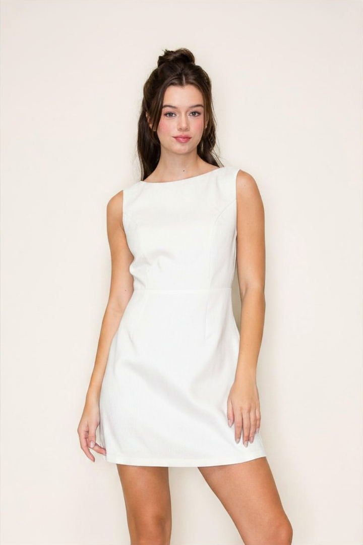 Classic Boat Neck Mini Dress in Off White