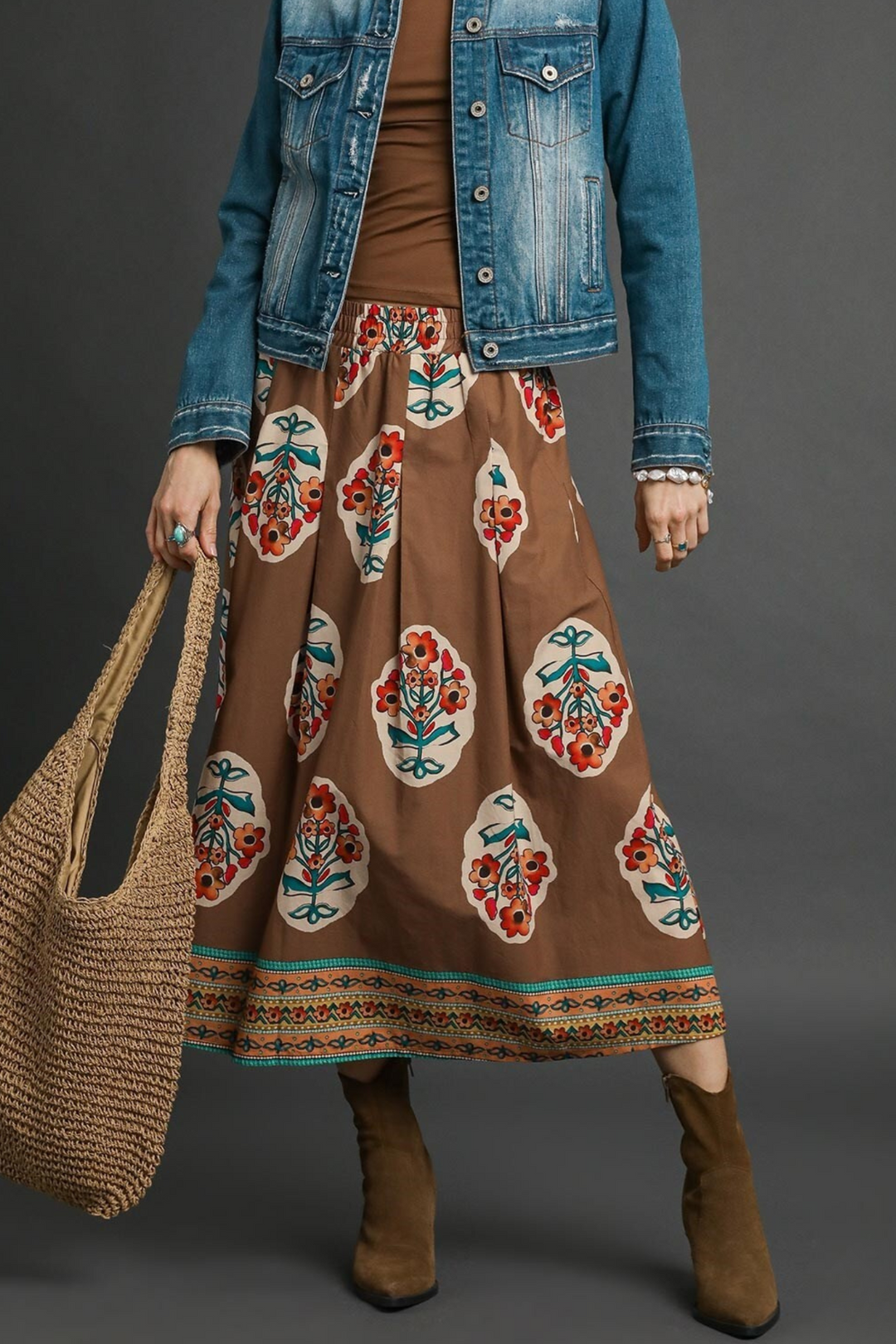 Boho Floral Midi Skirt in Brown