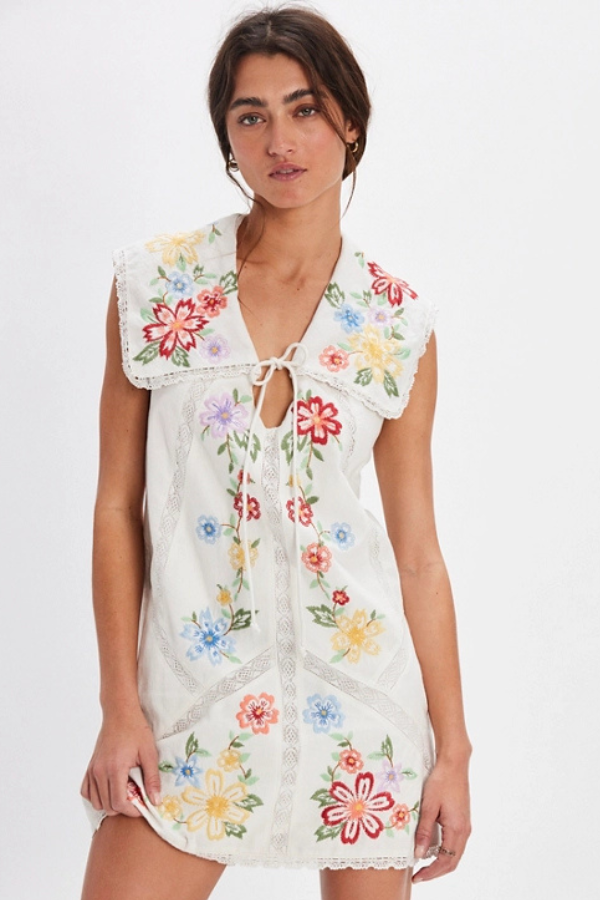 Free People Willow Embroidered Mini Dress in White
