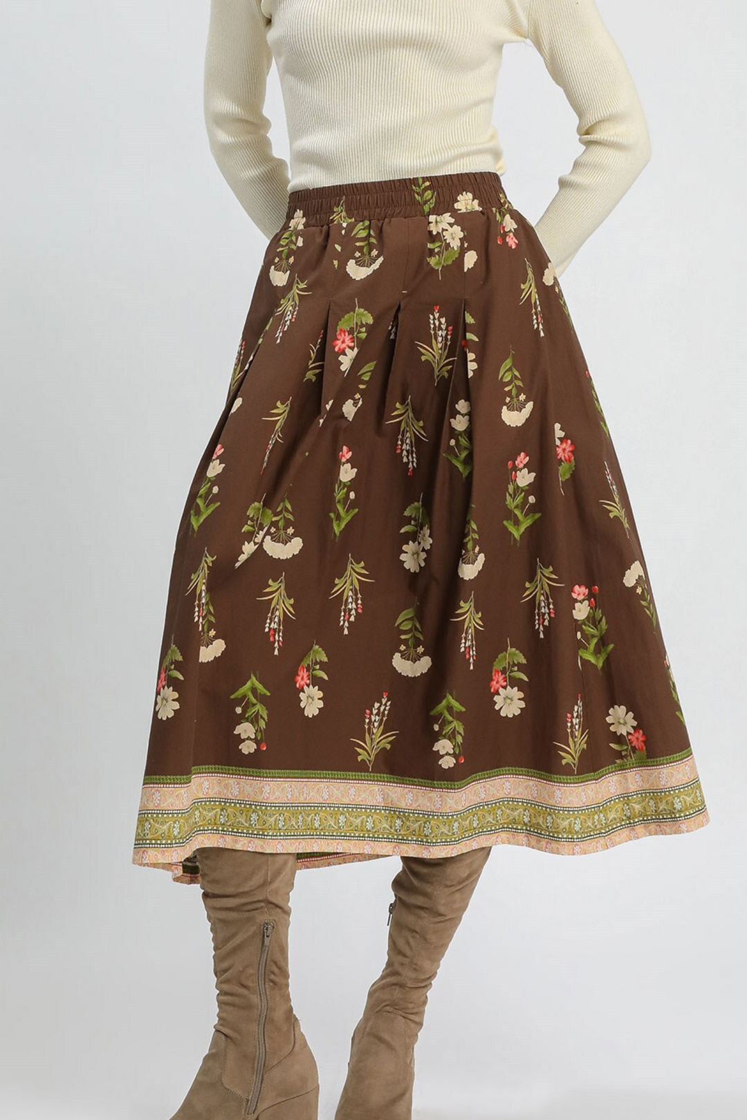 Mix Floral Embroidered Midi Skirt in Brown