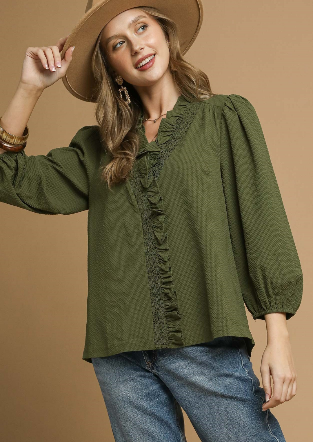 Textured Ruffle Trim Blouse in Olive