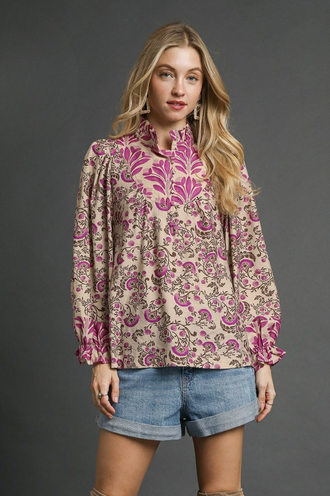 Mixed Floral Print Taupe Top
