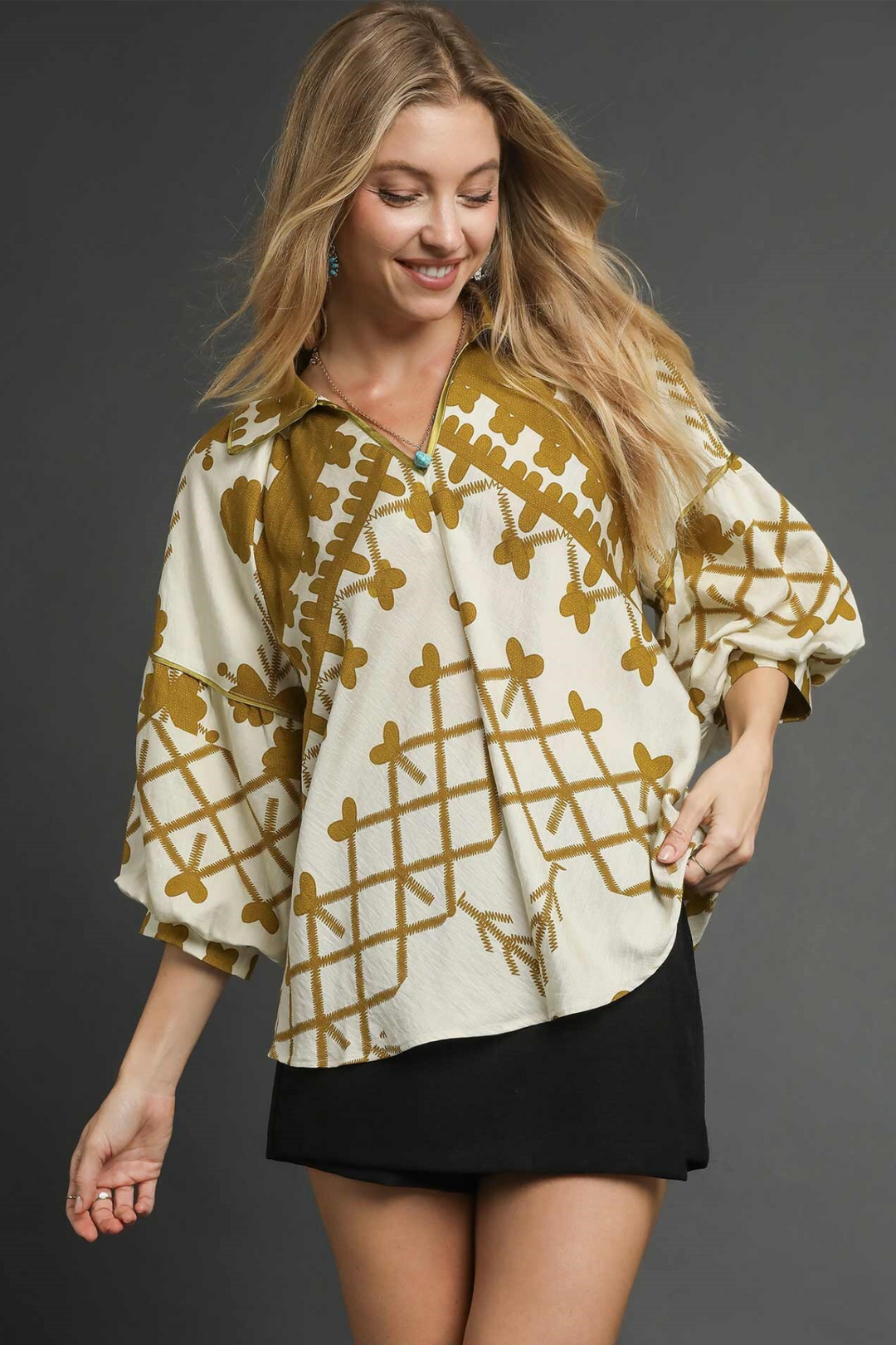 Boho Peasant Top with Balloon Sleeves in Mustard