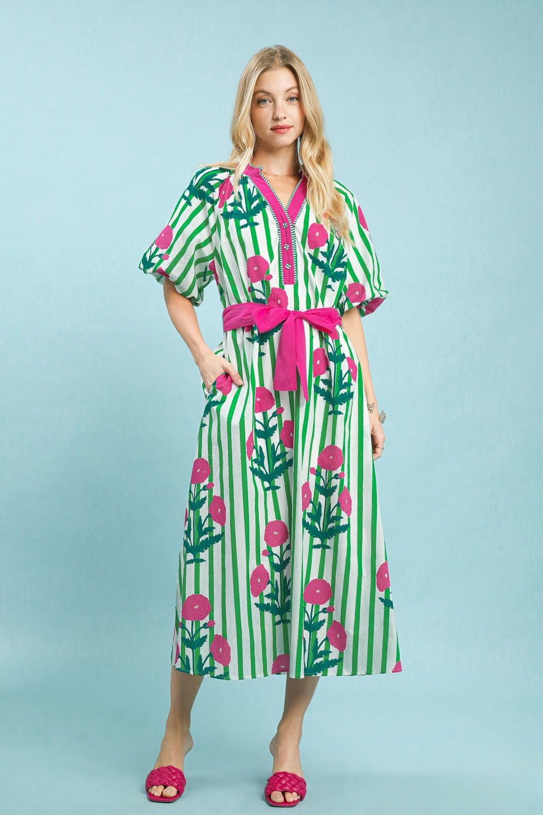 Striped Floral Maxi Dress with Waist Tie in Green Mix