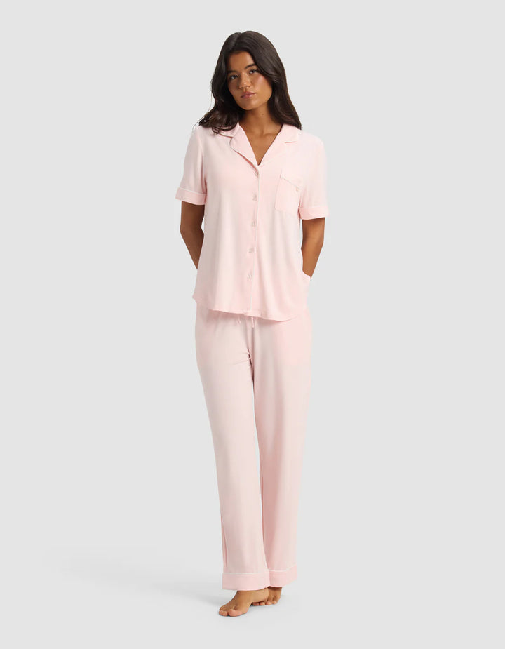 Barefoot Dreams Luxe Milk Jersey® Piped Short Sleeve Pant Set in Pink
