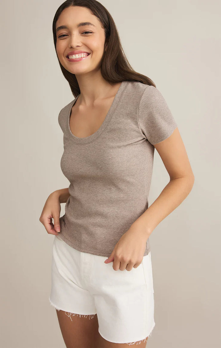 Z Supply Sirena Short Sleeve Rib Tee in Heather Taupe