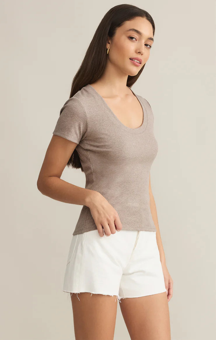 Z Supply Sirena Short Sleeve Rib Tee in Heather Taupe