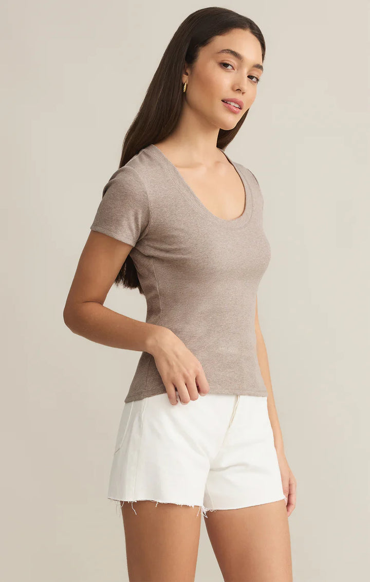Z Supply Sirena Short Sleeve Rib Tee in Heather Taupe