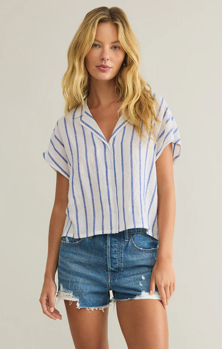 Z Supply Parallel Striped Linen Top in Palace Blue