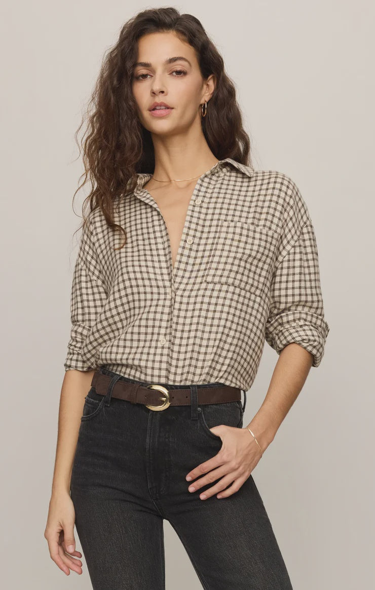 Z Supply River Plaid Button Up in Dark Chocolate