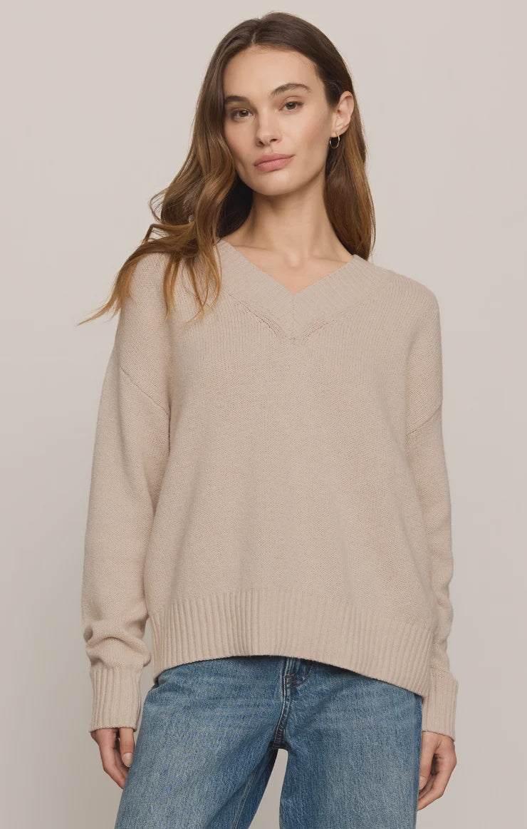 Z Supply Cloud Spun V-Neck Sweater in Frosted Pearl