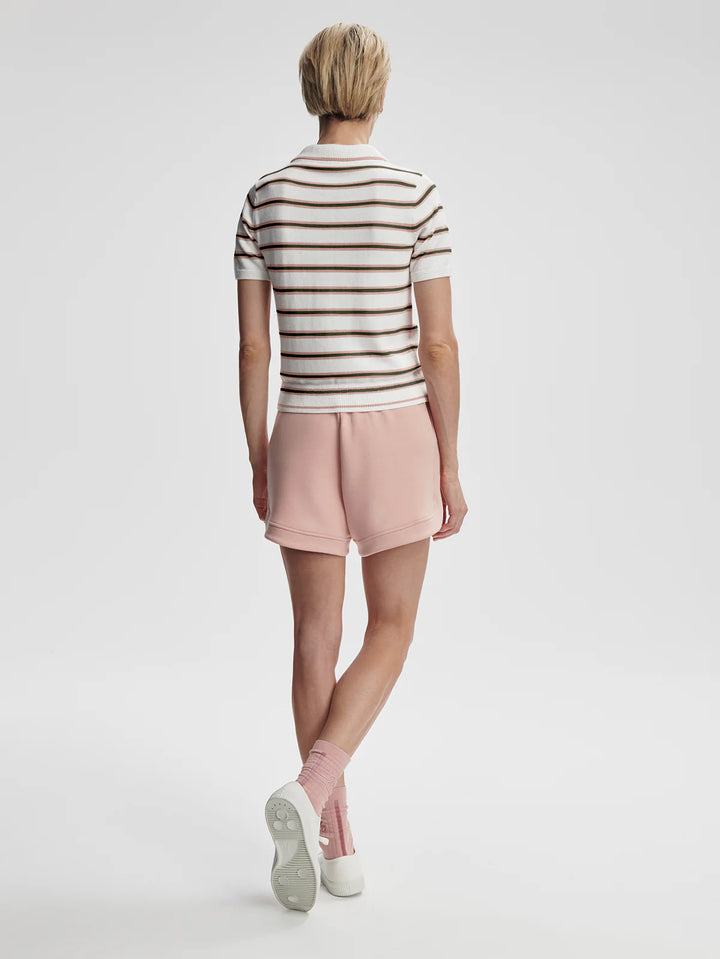 Varley Faustine Button-Neck Polo in White Pink Ivy Stripe