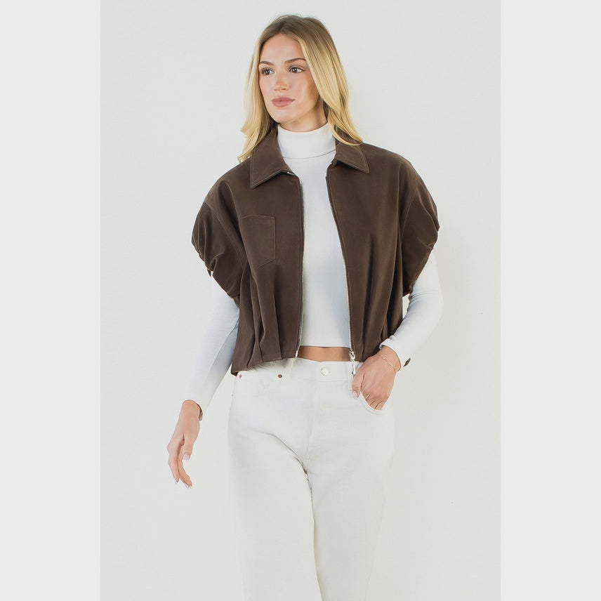 Sleeveless Suede Zip Jacket in Brown