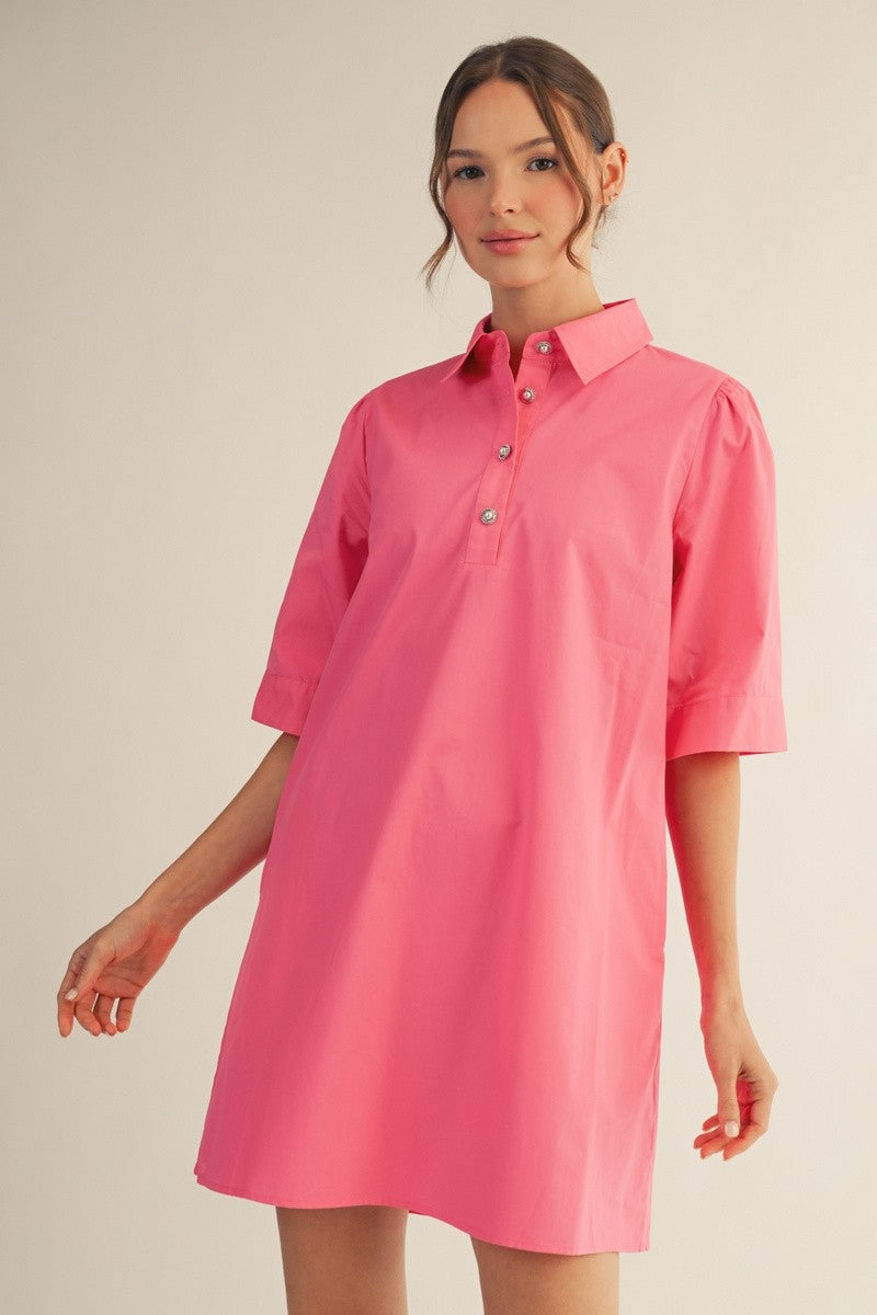 Pearl Button Accent Solid Shift Dress in Pink
