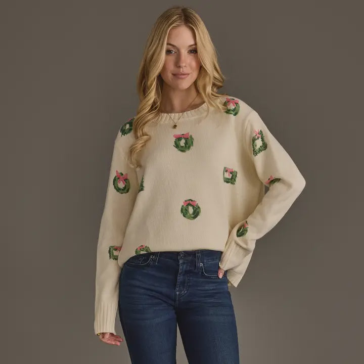 Ivory Wreath Sweater with Pink Bows
