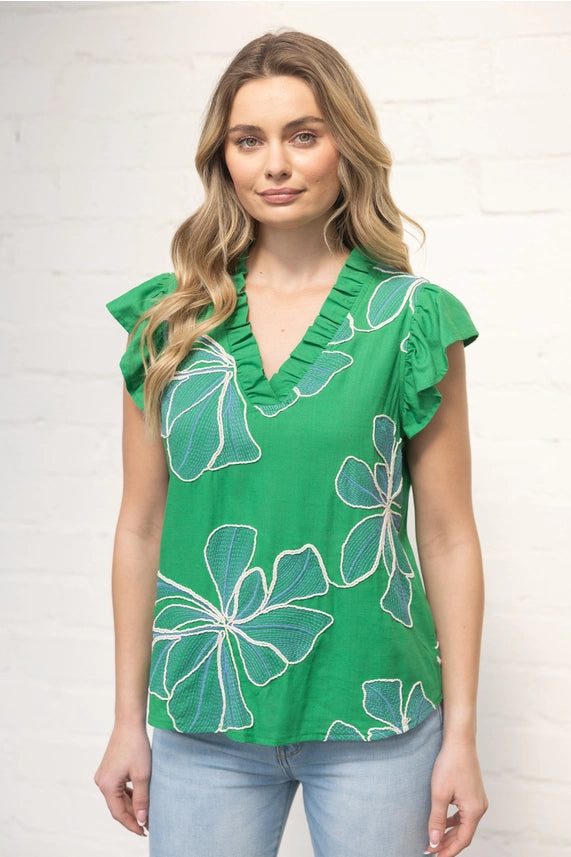 Ruffled Floral Top in Green
