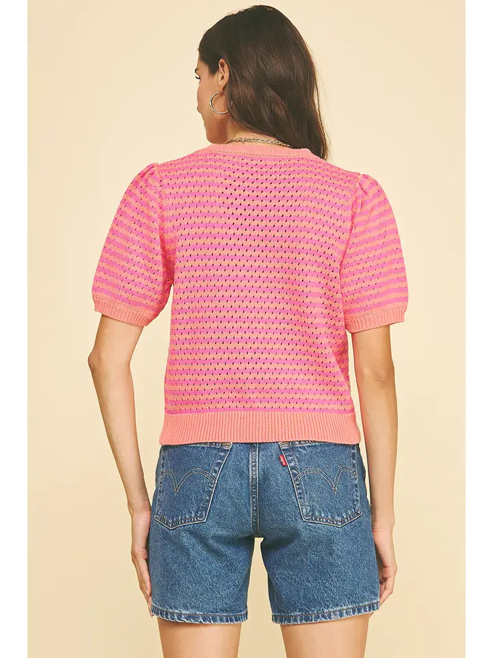 Pink Colorblock Textured Striped Knit Top