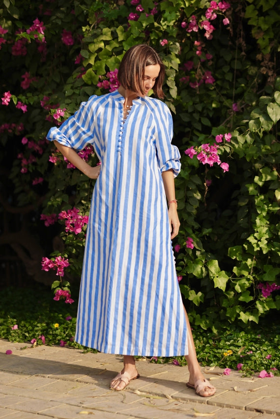 Positano Kaftan Dress in Blue Cabana Stripe