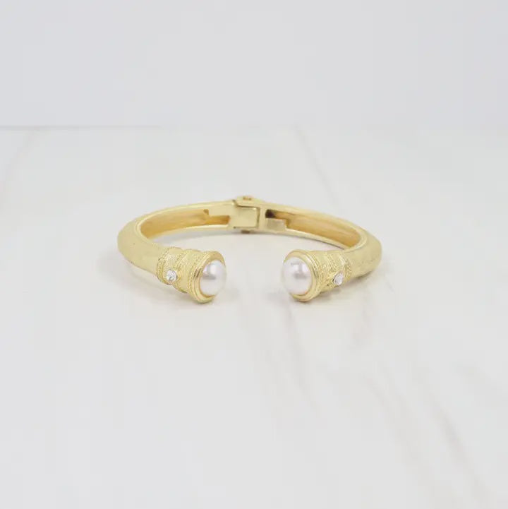 Caroline Hill Elise Pearl Hammered Hinged Cuff Bracelet in Cream