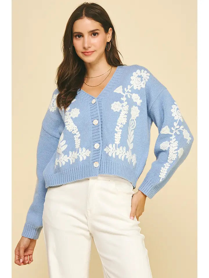 Blue Floral Embroidered Cardigan