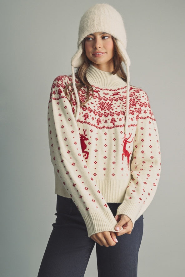 Classic Nordic Reindeer & Snowflake Round-Yoke Sweater