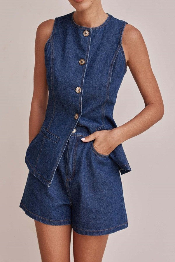 Solid Sleeveless Denim Set