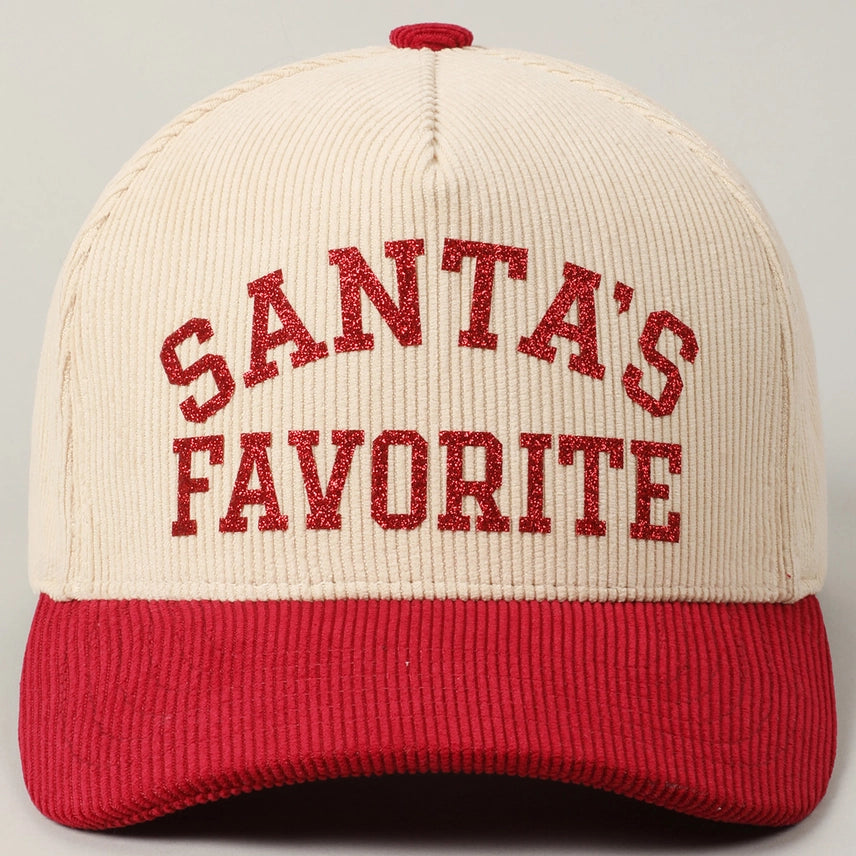 Santa's Favorite Glitter Text 5 Panel Corduroy Cap in Red