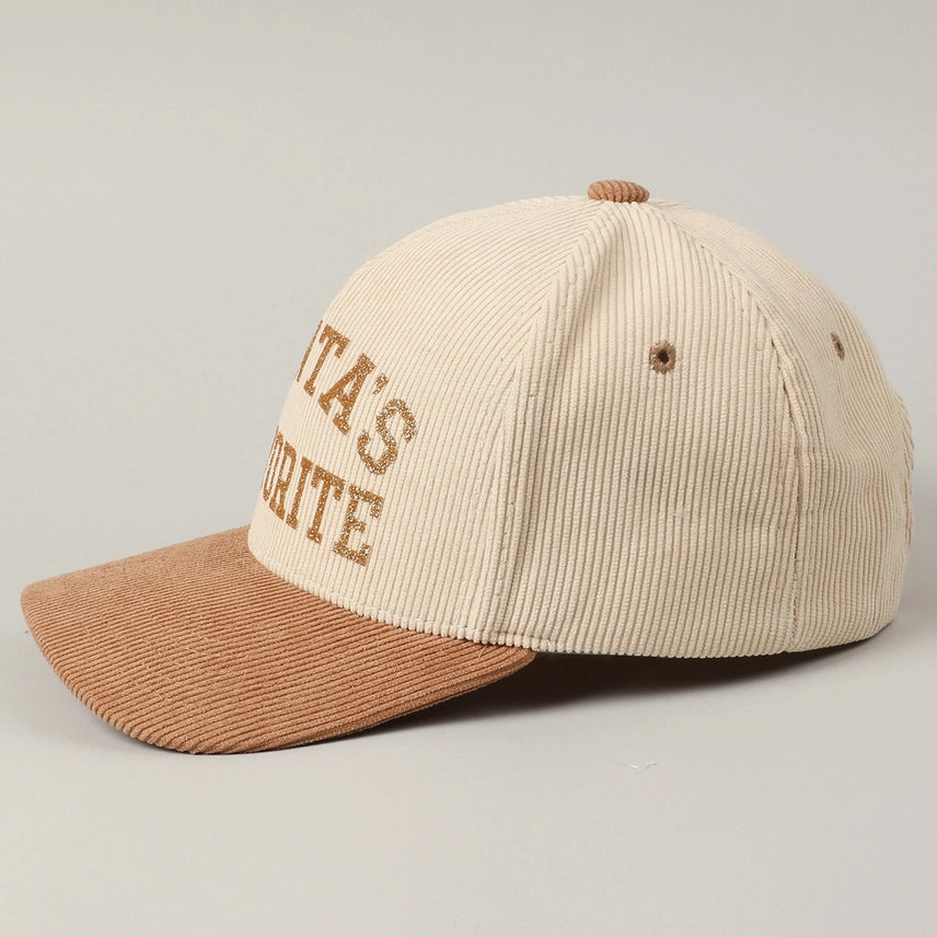 Santa's Favorite Glitter Text 5 Panel Corduroy Cap in Beige