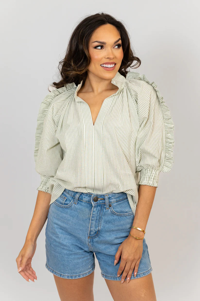 Karlie Clothes Olive Stripe Ruffle Short Sleeve Top