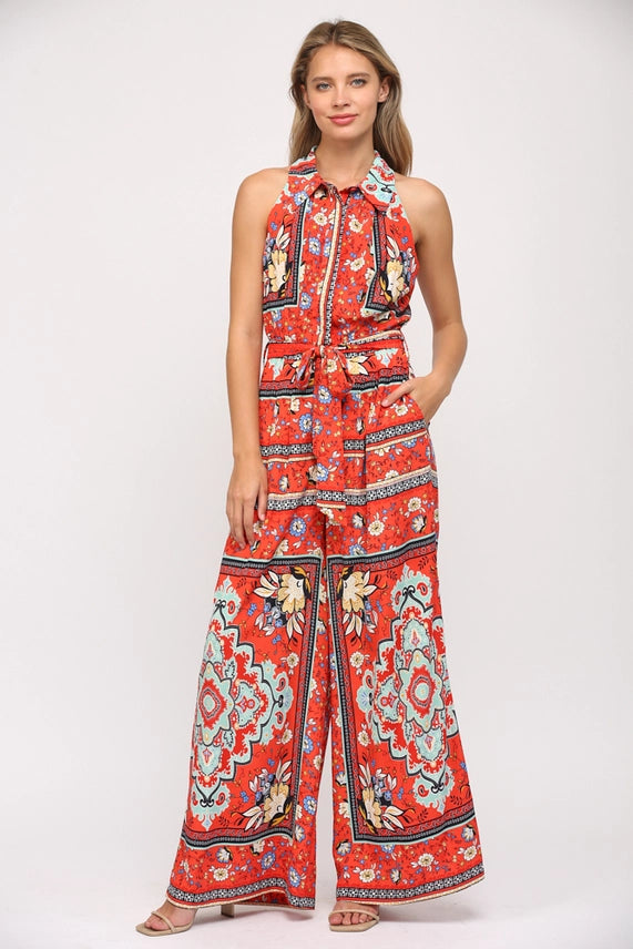 Handkerchief Print Halter Neck Jumpsuit in Coral