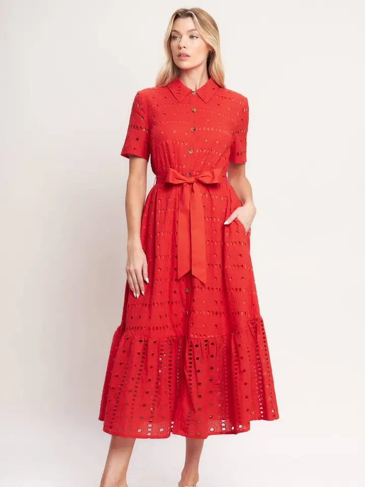 Red Woven Eyelet Midi Dress