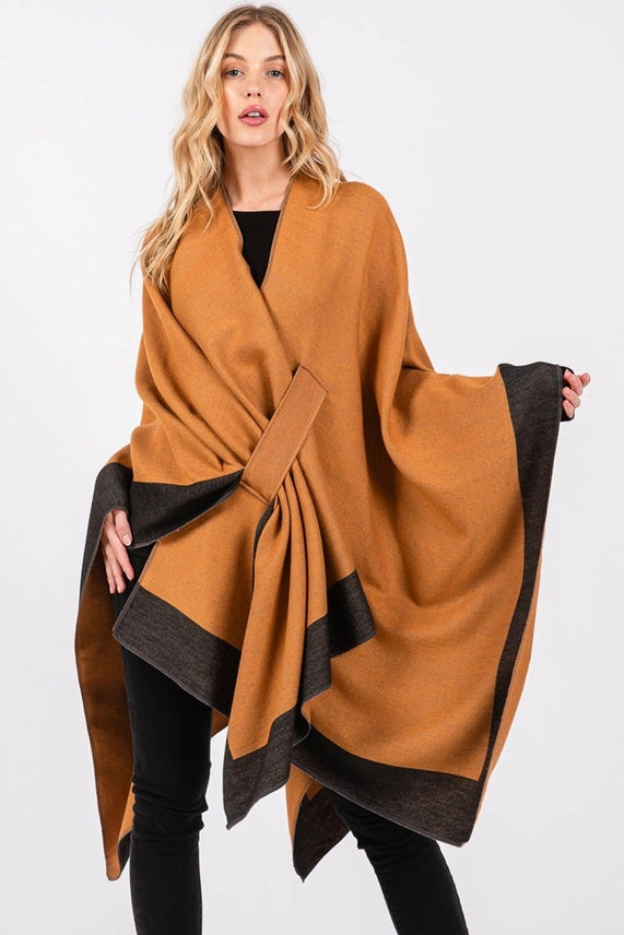 Two Tone Pull Through Ruana Shawl in Taupe