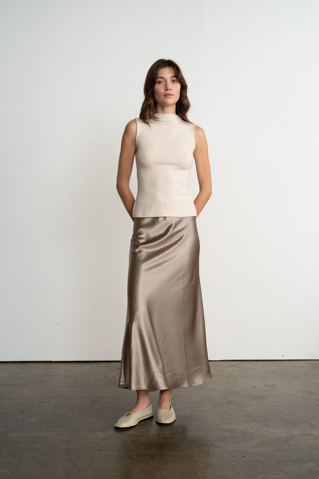 Gold Satin Semi Flare Long Skirt