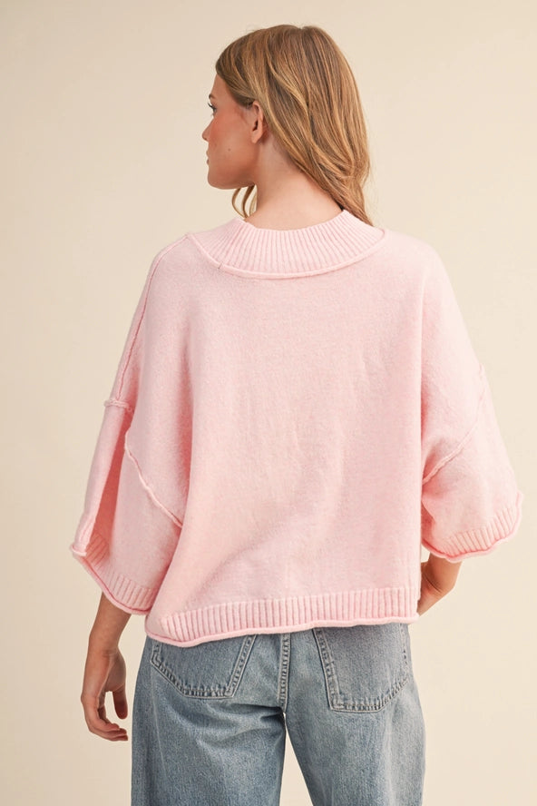 Mock Neck Short Sleeve Sweater in Pink Blossom