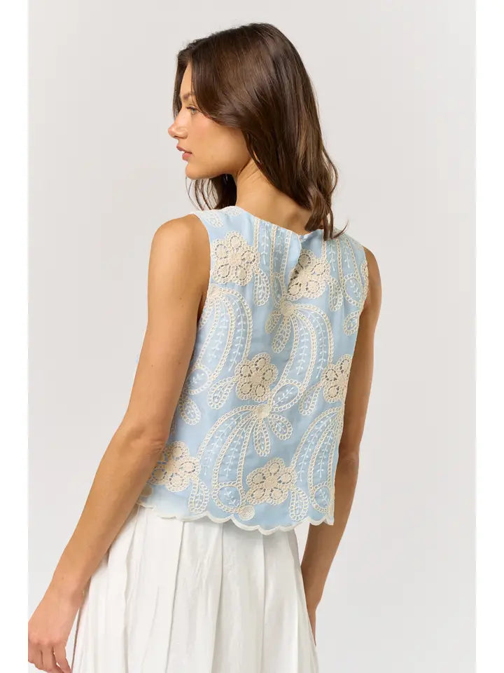Light Blue Sleeveless Floral Embroidered Top