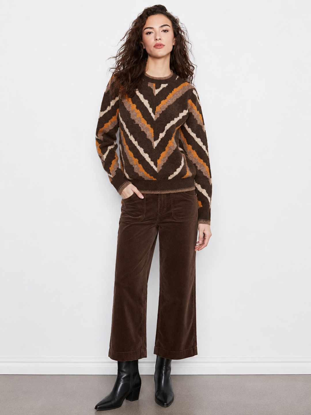 Charlie B Long Sleeve Crew Neck Jacquard Sweater in Brownie