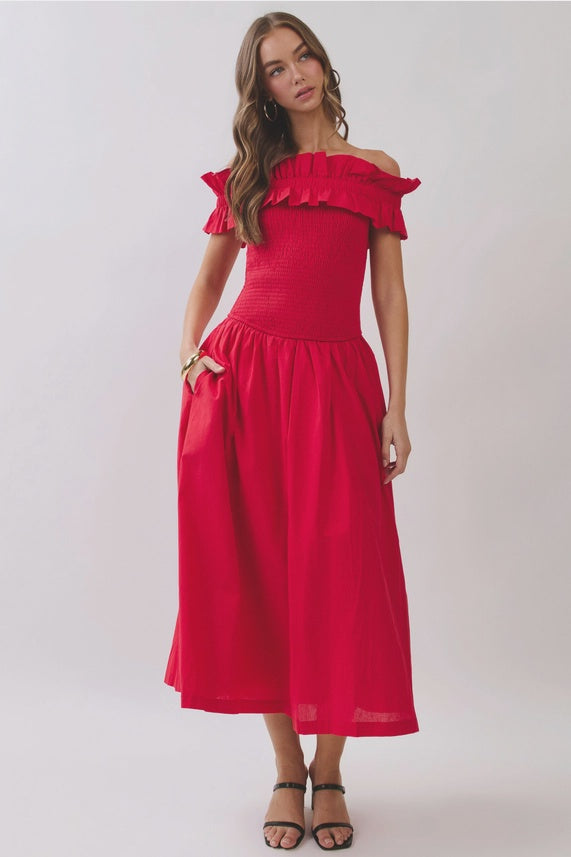 Smocked Bodice Off Shoulder Midi Dress in Red – Sugar & Spice